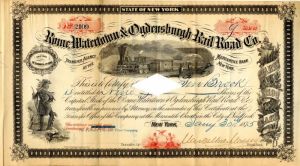 Rome, Watertown and Ogdensburgh Rail Road Co. - Partially Issued Stock Certificate