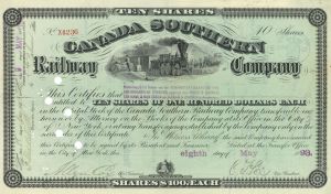 Canada Southern Railway - 1893 dated Canadian Railroad Stock Certificate - Green Rare Type