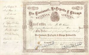 Cincinnati, Lafayette and Chicago Railroad Co. - Stock Certificate