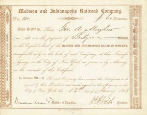 Madison and Indianapolis Railroad - 1856-61 dated Indiana Railway Stock Certificate