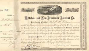Millstone and New Brunswick Railroad Co. - 1884-1895 dated Stock Certificate