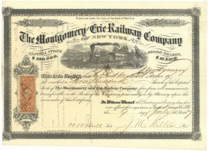 Montgomery and Erie Railway - Railroad Stock Certificate with Revenue