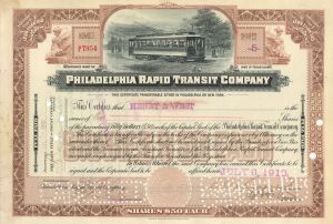 Philadelphia Rapid Transit Co. - 1905-1924 Stock Certificate