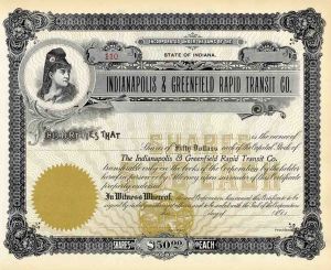 Indianapolis and Greenfield Rapid Transit Co. - Unissued Railway Stock Certificate