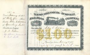 Vernon, Greensburg and Rushville Railroad Co. - Stock Certificate