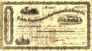 Toledo, Logansport and Burlington Railroad Co. - Railway Stock Certificate