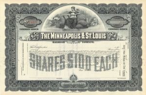 Minneapolis and St. Louis Railroad Co. - 1920's circa Unissued Railway Stock Certificate