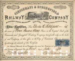 Cincinnati and Springfield Railway Co. - 1872-1890 dated Railroad Stock Certificate
