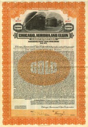 Chicago, Aurora and Elgin Railroad Corporation $1000 Bond 