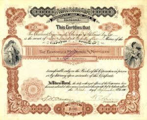 Evansville, Mt. Carmel and Northern Railway Co. - Railroad Stock Certificate