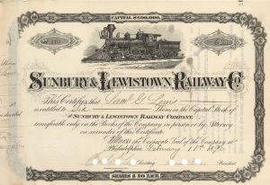 Sunbury and Lewistown Railway Co. - 1890-1895 Stock Certificate