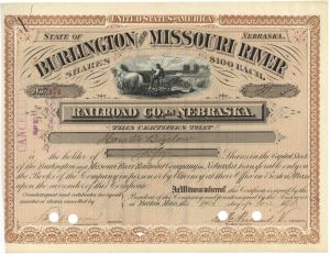 Burlington and Missouri River Railroad Co. - Iowa & Nebraska Railway Stock Certificate