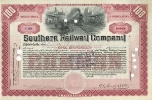 Southern Railway Co. - 1914-1937 dated Stock Certificate