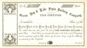 Green Bay and Lake Pepin Railway Co. - 1860's dated Unissued Railroad Stock Certificate