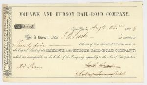 Mohawk and Hudson Rail-Road Co. - Very Early - 1839 dated Railway Stock Certificate - First Railroad in the State of New York