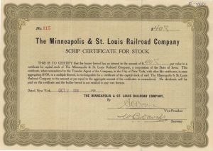 Minneapolis and St. Louis Railroad Co. - Stock Certificate