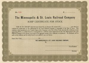 Minneapolis and St. Louis Railroad Co. - Stock Certificate