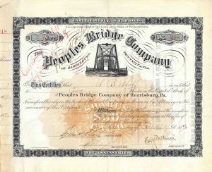 People's Bridge Co. of Harrisburg, Pennsylvania - Railroad/Bridge Stock Certificate
