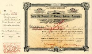 Santa Fe, Prescott and Phoenix Railway Co. - 1895 dated Territory of Arizona Railroad Stock Certificate