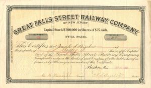 Great Falls Street Railway Co. of New Jersey - Stock Certificate