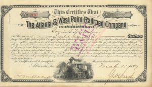 Atlanta and West Point Railroad Co. - 1881-1901 dated Railway Bond - Certificate of Indebtedness - Various Denominations