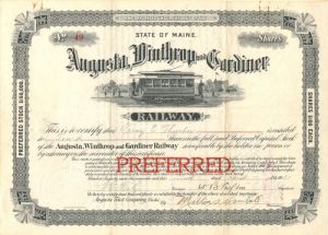 Augusta, Winthrop and Gardiner Railway - Stock Certificate