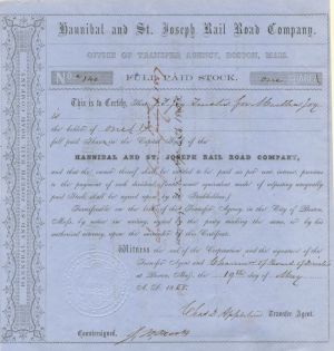 Hannibal and St. Joseph Railroad Co. - Stock Certificate