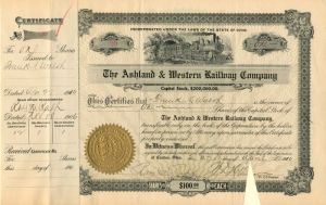 Ashland and Western Railway Co. - 1900 dated Railroad Stock Certificate