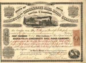 Marietta and Cincinnati Rail Road Co. - Stock Certificate