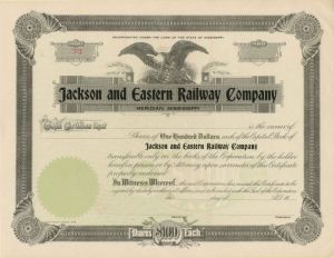 Jackson and Eastern Railway Co. - Mississippi Unissued Railroad Stock Certificate