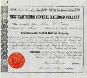 New-Hampshire Central Railroad Co. - 1849 dated New Hampshire Railway Stock Certificate