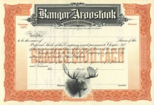 Bangor and Aroostook Railroad - Gorgeous Moose Vignette - circa 1890's Railway Unissued Stock Certificate