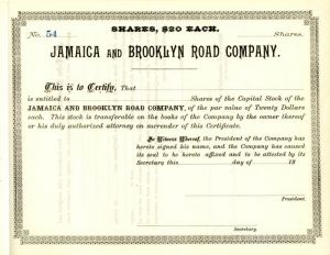 Jamaica and Brooklyn Road Co. - Unissued Stock Certificate