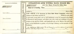 Syracuse and Utica Rail Road Co. - Stock Certificate