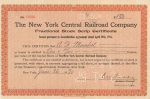 New York Central Railroad Co. - Stock Certificate