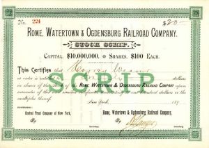 Rome, Watertown and Ogdensburg Railroad Co. - Railway Partially Issued Stock Certificate