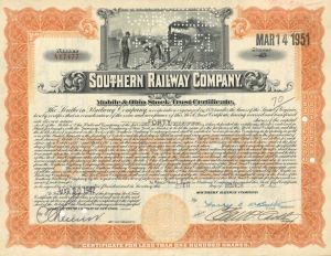 Southern Railway Co. - Division of Mobile & Ohio Railroad - 1942-1951 dated Stock Certificate