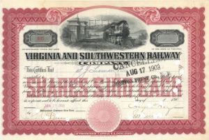 Virginia and Southwestern Railway Co. - Stock Certificate
