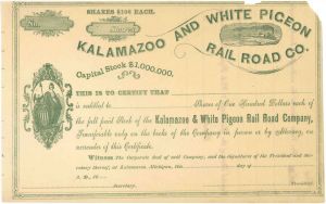 Kalamazoo and White Pigeon Rail Road Co. - Unissued Railway Stock Certificate - Very Important to Railroad History