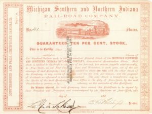 Michigan Southern and Northern Indiana Rail Road Co. - 1860's dated Railway Stock Certificate