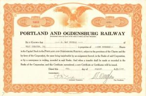 Portland and Ogdensburg Railway - Stock Certificate