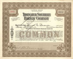 Tidewater Southern Railway Co. - Railroad Partially Issued Stock Certificate