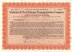 Alabama and New Orleans Transportation Co. - Stock Certificate