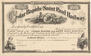 Cedar Rapids and Saint Paul Railway - Stock Certificate