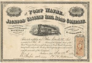 Fort Wayne, Jackson and Saginaw Railroad Co. - Railway Stock Certificate