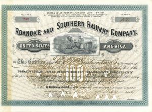 Roanoke and Southern Railway Co. - Railroad Stock Certificate