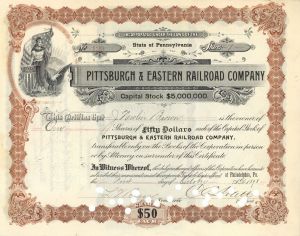 Pittsburgh and Eastern Railroad Co. - 1898-1905 dated Railway Stock Certificate