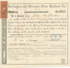 John M. Forbes issued to Burlington and Missouri River Railroad Co. -  Stock Certificate - Forbes Family