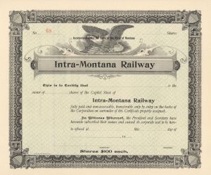 Intra=Montana Railway -  Stock Certificate