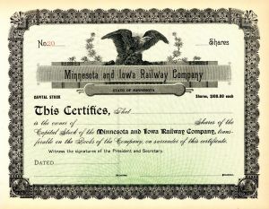 Minnesota and Iowa Railway Co. -  Stock Certificate